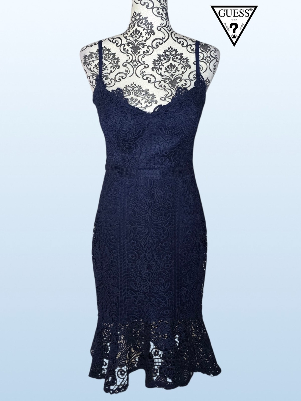 GUESS Navy Lace Fit-and-Flare Dress - 4